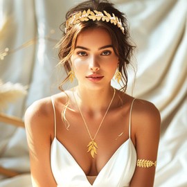 Sixexey Greek Goddess Costume Accessories Toga Laurel Leaf Headband Gold Upper Arm Cuff Leaves Necklace Earrings Jewelry for Women (4pcs)