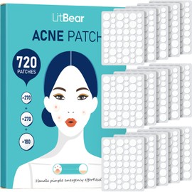 LitBear Acne Patches in Bulk Pack, 720 Pieces 3 Sizes Hydrocolloid Acne Patches for Face to Cover Pimples, Blemishes and Acne, Suitable for All Skin Types