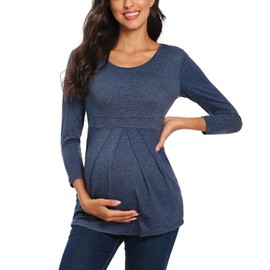 Glampunch Women's Maternity Tops Short & 3/4 Sleeve Round Neck Front Pleat Peplum Tunic Top Pregnancy Shirts