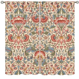 Vintage Flower Window Curtains,William Morris Art Style Retro Floral Medieval Abstract Window Treatments for Bedroom Living Room Kitchen Rustic Art Design Drapes 2 Panels Set,Total Size 42" x 54"