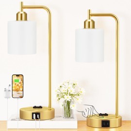 Innqoo Industrial Gold Table Lamps for Bedrooms Set of 2-3-Way Dimmable Desk Lamp with USB C+A Ports and Outlet, Gold Lamps with Opal Glass Shade for Living Room, Desk Lamps for Home Office