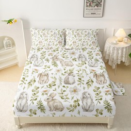 QOOMO QOOMO Cute Wild Rabbit Animals Microfiber Flat Fitted Sheets Set for Children Botanical Pattern Kid Sheets Set Flower Watercolor Room Decoration Full Size 1 Fitted Sheet, 1 Flat Sheet, 2 Pillow Cases