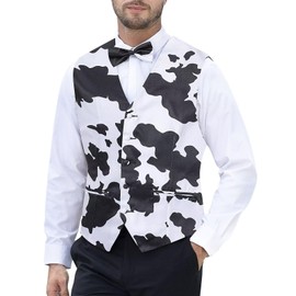 Fashonal Cow Print Vest Men Western Cowboy Costume Party Waistcoat Vest & Bow Tie, Cow, Size L