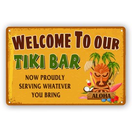 QYAYIK Tiki Bar Decor, Retro Outdoor Wall Sign for Home Bar, Cafe Pub, Kitchen, Restaurants, 8x12 Inches Metal Sign - Welcome to Our Tiki Bar
