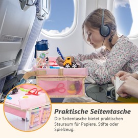 Kids Folding Travel Table with Drawing Function - Car Lap Tray with Drawing Board, Pens & Sticker Fun for Airplane, Car & Home (Pink)