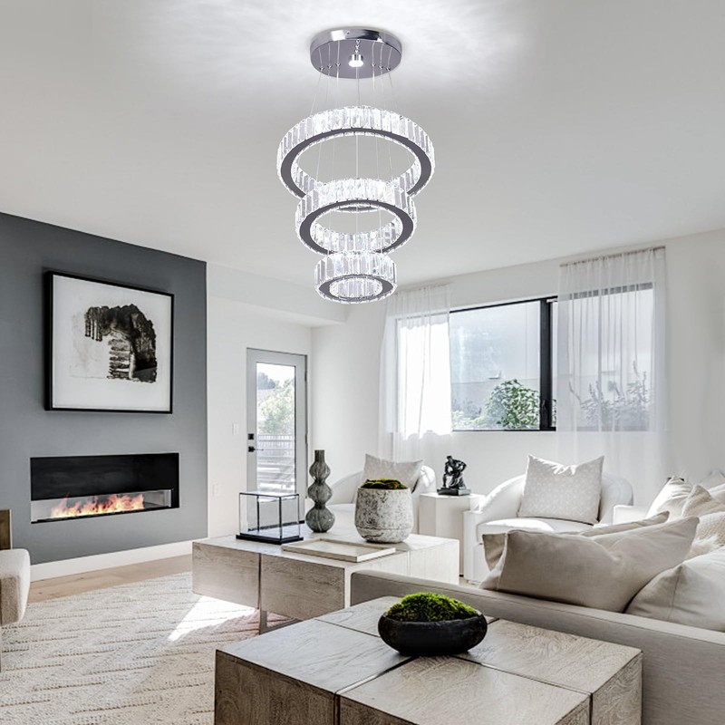 CLAIRDAI Crystal Chandeliers 3 Rings Ceiling Light Fixture LED Chandelier
