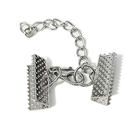 10 Set Ribbon Clamp Crimp Ends Beads Flat Cover With Lobster Claw Swivel Clasps Extension Chain Jump Rings Cords End Caps String Leather Clip Foldover Necklace Bracelet Connectors (Rhodium Crimp 16mm)