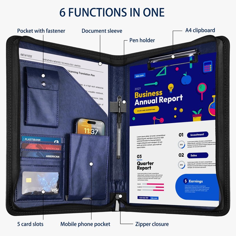 NEWYES Zippered Padfolio Organizer Leather Planner Binder, 10.2 Inch Portfolio