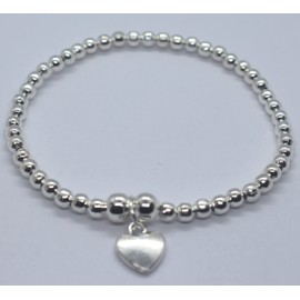 Silver Colour Round Beads With Heart Charm Stretchable Bracelet
