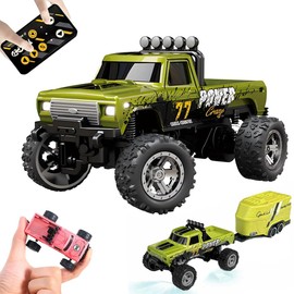 Kyduu Remote Controlled Car, Monster Truck Toy, Monster Truck 2.4GHz, 1:64 Mini RC Monster Truck with Trailer Body Lights and Headlights, Crawler Toy, Speed / Steering Adjustable