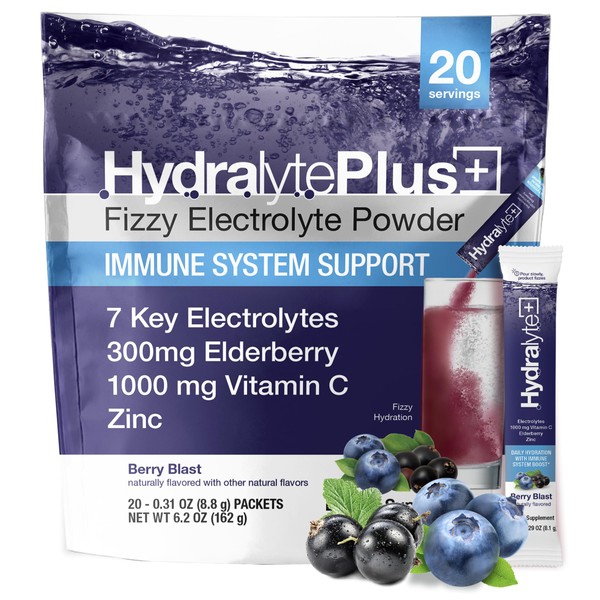 Hydralyte Electrolytes Plus Immunity, Elderberry - Low Sugar Rapid Rehydration Powder - Lightly Sparkling Electrolyte Powder Packets with 1,000mg Vitamin C and 300 mg Elderberry (8oz Serve, 20 Count)