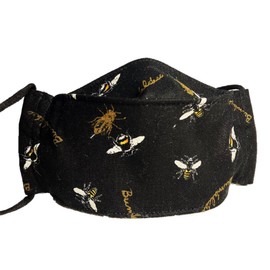 Bees on Black - Origami/3D Structured Fabric Face Mask - 4 Layers - black bees - Washable - Nose Strip - Filter Pocket - Soft Elastic - Ribbon Lanyard (Large, Adult Standard)