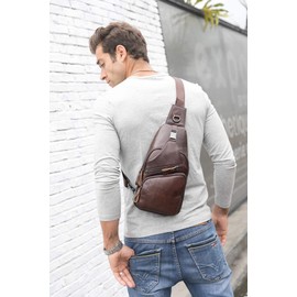 Men's Sling Bag Genuine Leather Chest Bag Shoulder Backpack Cross Body Purse Water Resistant for Men Women