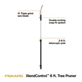 Fiskars XtendControl Extendable Tree Pruner (6 ft), Adjustable Branch Trimmer with 15" X1 Saw with Hand Saw Option, 3-6 ft Extension Pole, and Secure Locking System for Precision Cutting