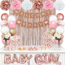 Rose Gold Party Baby Shower Decorations for Girl with Welcome Baby Banner Baby Girls Rose Gold Pink Gold White Foil Balloons Paper Pom Poms Fringe Curtains for Baby Shower Reveal Party Supplies
