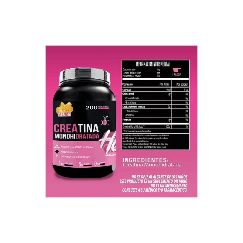 Creatina Monohidratada Heragen 1k 200 Sabores Mango