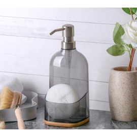 Clasin Home Kitchen Soap Dispenser with Sponge Holder, Refillable Acrylic Dish Soap Dispenser 17oz for Kitchen Sink and Bathroom, Anti Slip Modern Hand Soap Dispenser for Countertop Home Decor (Grey)