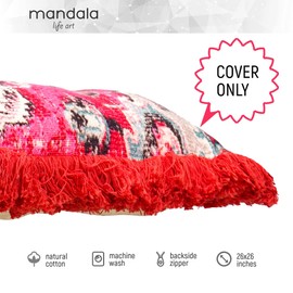Mandala Life ART Square Vintage Cushion Cover with Fringes - 26 inches - Printed Pink Cotton Boho Chic Pillow Case