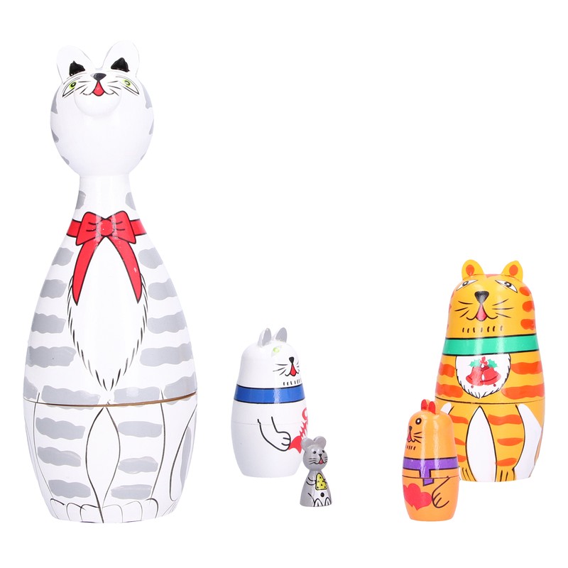 5Pcs Nesting Dolls Kit Innovative Cartoon LongNecked Cat Ornament Wooden