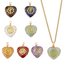 SUPERFINDINGS 7Pcs 7 Styles Natural Gemstone Pendants Stone Heart Charms Wire Wrapped Heart Stone Pendants Chakra Crystal Pendants for Earring Necklace Jewelry Making