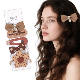 Flomiara 5PCS Bow Hair Clips, Fashion Bowknot Fabric Hair Barrettes Sweet Artificial Brown Flowers Elastic Hair Bands Hairpins for Women, Ladies and Girls Headwear Styling Tools Hair Accessories