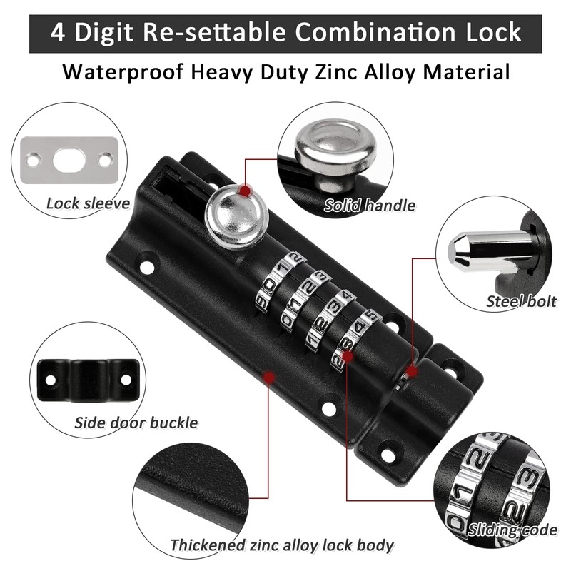 Combination Locking Bolt, ProChosen 4 Digit Sliding Lockable Padbolt Heavy
