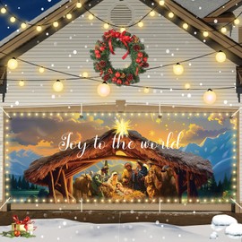 gisgfim Led Christmas Nativity Garage Door Banner with Lights Xmas Religious Jesus Door Cover Lighted Large Holiday Manger Scene Backdrop Decorations Joy to the World Christmas Ornaments (6.4x16.4 ft)