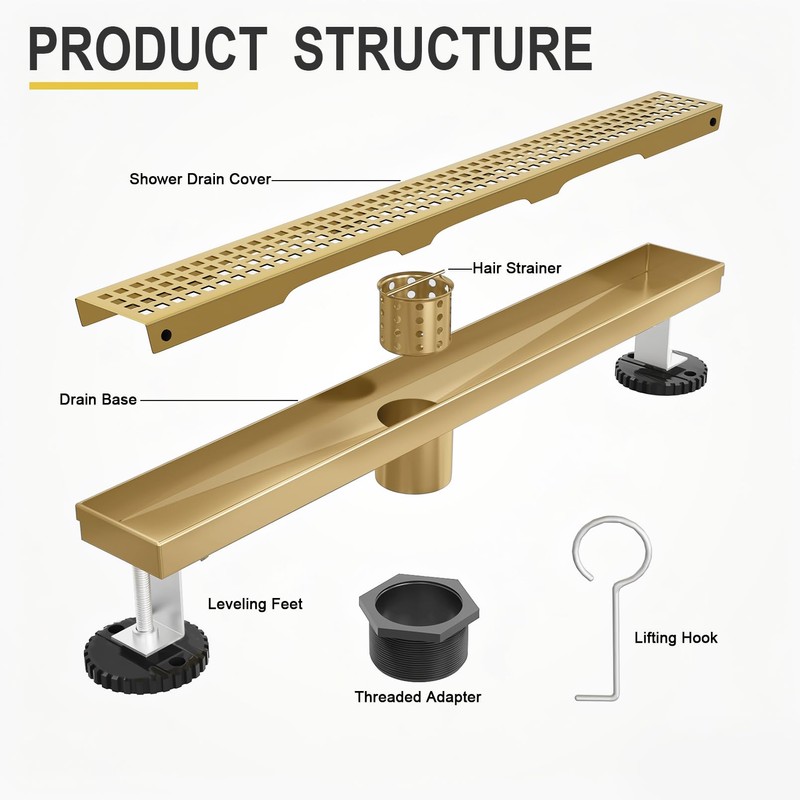 Linear Shower Drain - 18 Inch Brushed Gold, with Grate