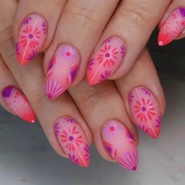Short Almond Press on Nails Pink Fake Nails with Designs Matte French Press on Nails Pink Purple Totem Print Acrylic Full Cover Summer Sweet Cool False Nails Stick on Nails for Women and Girls 24PCS
