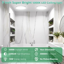 Brightever 2 Pack LED Ceiling Light Flush Mount, 9 Inch 18W, Ultra Thin 0.67 Inch Hallway Light Fixtures, 5000K Daylight White 2200LM Flat LED Ceiling Light for Dining Room, Pantry, Non-Dimmable