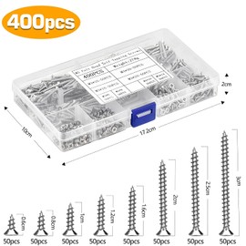 OLCANA 400 Pieces M3 Self Tapping Screws Stainless Steel Phillips Wood Screw 6mm - 30mm Flat Head Screws for Wood Drywall