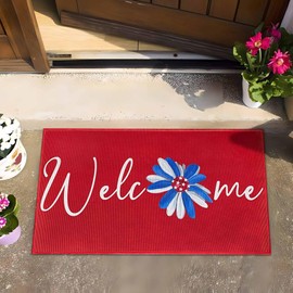 Yovirinto Welcome 4th of July Sunflower Patriotic Doormat, Independence Day Memorial Day Home Decor Low-Profile Door Mat Floor Mat for Indoor Outdoor 17x30 Inch