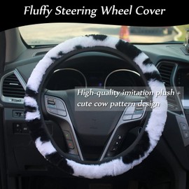 14-Pack Fluffy Car Accessories Set,Silence Shopping Cow Print Plush Fluffy Steering Wheel Cover Winter Warm Car Decoration Accessories for Women Girls (White and Black)