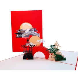 iGifts And Cards Inspirational Asian Pavilion Scenery 3D Pop Up Greeting Card Full Moon, Romantic Bridge, Lanterns, Pine Tree, Half-Fold, Birthday, Mid-Autumn Festival, Chinese New Year