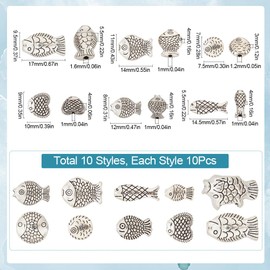 SUNNYCLUE 1 Box 100Pcs 10 Styles Silver Fish Beads Fishes Beads Metal Alloy Tibetan Antique Ocean Summer Animal Spacer Beads for Jewelry Making Supplies DIY Crafting Necklace Bracelet Anklets Adults