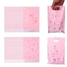 Tinoaly 50pcs Pink Bow Party Gift Bag, Coquette Bow Party Favors Bags Cute Pink Favor Coquette Birthday Decorations Supplies Plastic Sweet Wedding Bridal Decor for Kids Girls Women