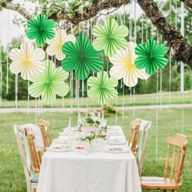SUNBEAUTY Pack of 9 Paper Fan Decoration Hanging Garland Green Beige Flowers Paper Fan Party Decoration Set for Wedding Birthday Table Decoration Classroom Baby Shower