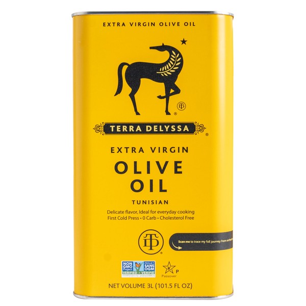 Terra Delyssa First Cold Pressed Extra Virgin Olive Oil, Single Sourced, 3L Metal Tin (101 fl. oz) - 1 Pack, Certified Kosher. Non-GMO, Naturally Rich in Antioxidants and Polyphenols