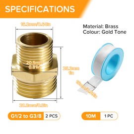 Lyeteung 2 pieces G1/2 male to G3/8 male, brass hex nipple male thread, hexagonal nipple, with thread sealing tape, for pipe connection