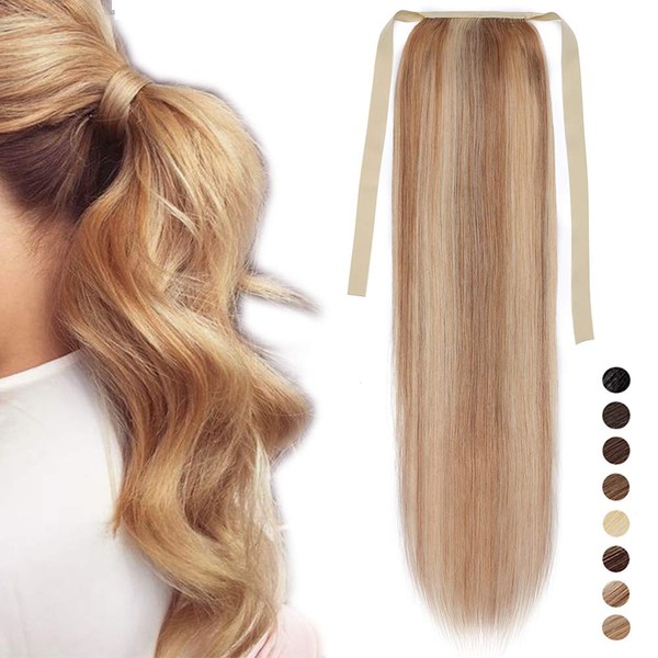 SEGO Ponytail Hair Extensions Real Hair Remy Human Hair Piece Braid Extensions Ponytail Hair Extension Clip in Fringe Honey Blonde / Light Blonde 14 Inches (35 cm) 70 g
