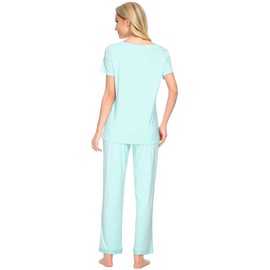 WiWi Womens Viscose from Bamboo Pajamas Set Short Sleeve Top with Pants Pjs Soft V Neck Sleepwear Lightweight S-3X, Aqua, X-Large