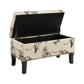 Linon 40454BOT01U Jackie Botanical Linen Ottoman, Black
