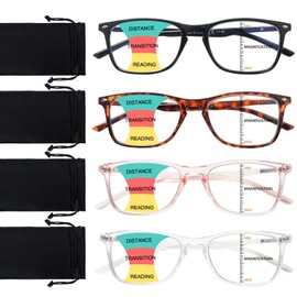 BONCAMOR 4 Pack Progressive Multifocus Reading Glasses Men and Women Computer Blue Light Blocking Anti Eyestrain Readers (Black Tortoise Pink Clear, 1.75, Diopters)