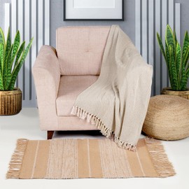 ETHNICITI Cotton Jute Slub Weave Shoddy Braided Beige Natural Eco-friendly Reversible Flat Kilim Dhurrie Area Rug Mat Hallway Bedroom Lounge Living Dining Utility Room Pet Yoga - 60 x 90cm (2'x3')