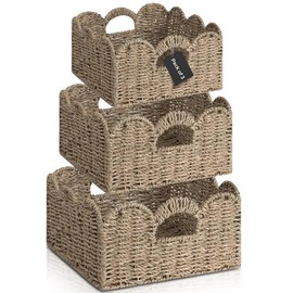 COOLAB Elegant Scalloped Wicker Basket Set with Handles | Handwoven Seagrass Baskets for Nursery, Bathroom, and Living Room Decor Scalloped Edge Basket Shelf Decorative (Sea Grass)