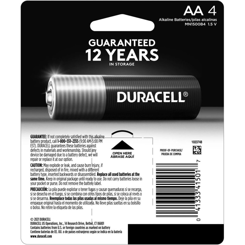 Duracell AA Alkaline Batteries 4 Pack Long-Lasting CopperTop Power for