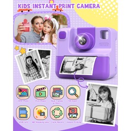 Kids Camera Instant Print, Christmas Birthday Gifts for Toddle Girls Boys Age 3-12, 24MP & 1080P Video Selfie Digital Camera with 3 Roll No-Ink Print Paper 32G SD Card - Purple