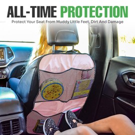 lebogner Back Seat Cover for Kids + 4 Pocket Storage Organizer, 2 Pack Kick Mats Backseat Protector, Car Accessories Waterproof Kick Guard for Vehicles to Protect from Dirt, Mud & Scratches, Pink