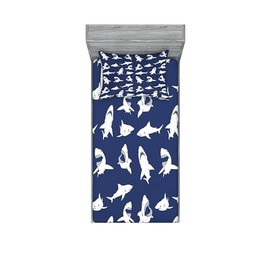 Ambesonne Shark Fitted Sheet & Pillow Sham Set, Fish Pattern Various Gestures Have a Bite Danger Humor Nautical Design, Decorative Printed 2 Piece Bedding Decor Set, Twin, Violet Blue