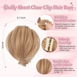 SEGO SEGOHAIR Claw Clip Short Ponytail Hair Extensions for Women, DIY Bendable Metals Messy Bun Hair Piece, Straight Synthetic Fake Hairpieces #24 Neutral Blonde